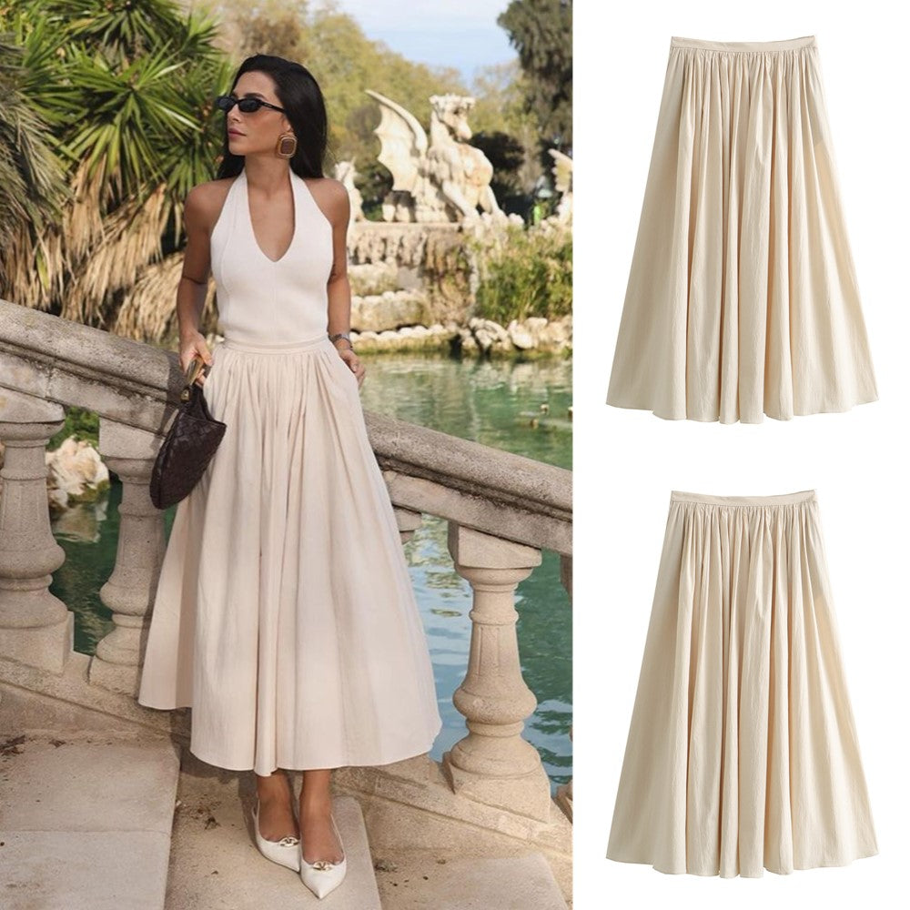 Casual Pleated Mid-Calf Skirt - Solid Color, Loose Fit