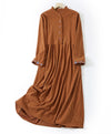 Corduroy Long Sleeve Dress - Autumn, Vintage, Solid Color, A-Line, Mid-Calf