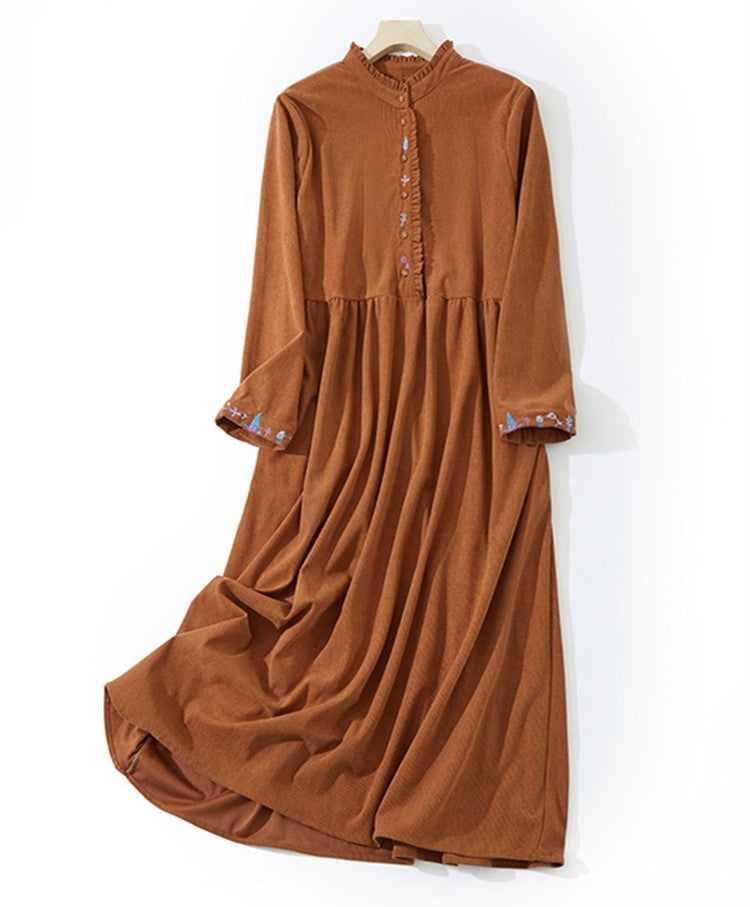 Corduroy Long Sleeve Dress - Autumn, Vintage, Solid Color, A-Line, Mid-Calf