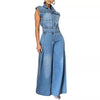 Denim Jumpsuit Overalls - Sleeveless High Waist Wide Leg - Blue