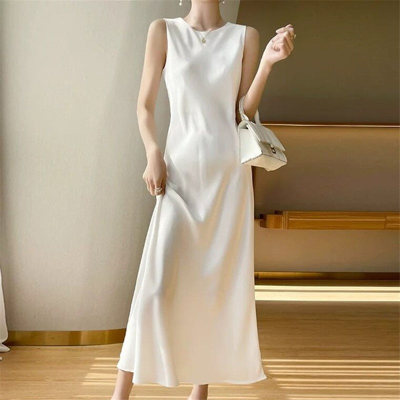 Satin Sleeveless Maxi Dress - Elegant, Party Dress