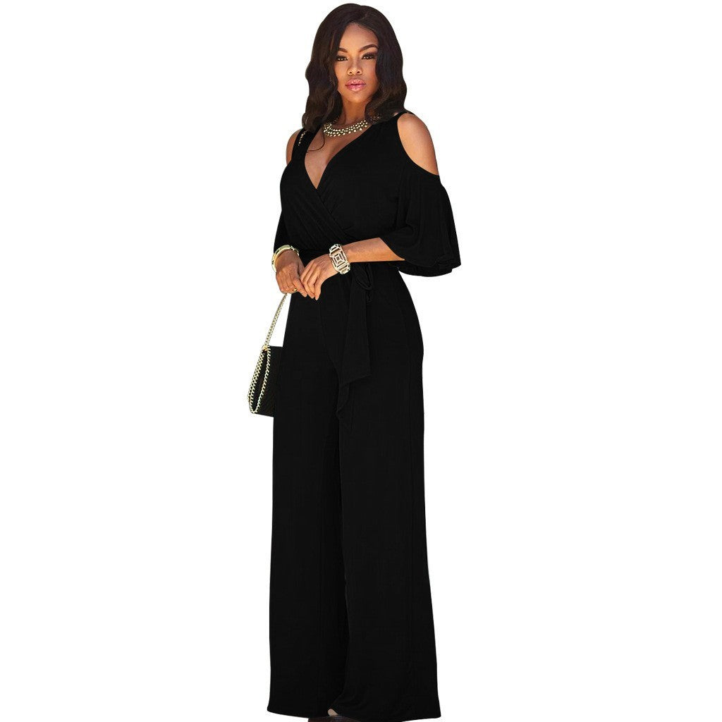 Slim-Fit Off-Shoulder Jumpsuit - V-Neck, Lace-Up, Wide-Leg Pants