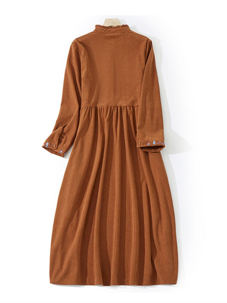 Corduroy Long Sleeve Dress - Autumn, Vintage, Solid Color, A-Line, Mid-Calf