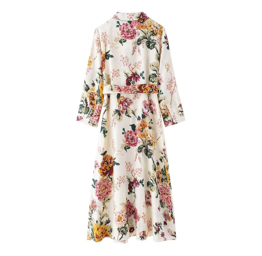 Floral Print Shirt Dress - Three-Quarter Sleeve, Bow Sashes, A-Line, Mid-Calf