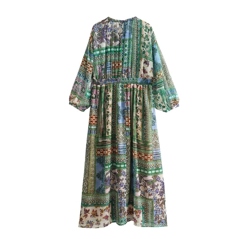 Long-Sleeved Printed Patchwork Dress - Vintage, Loose Fit, Mid-Calf