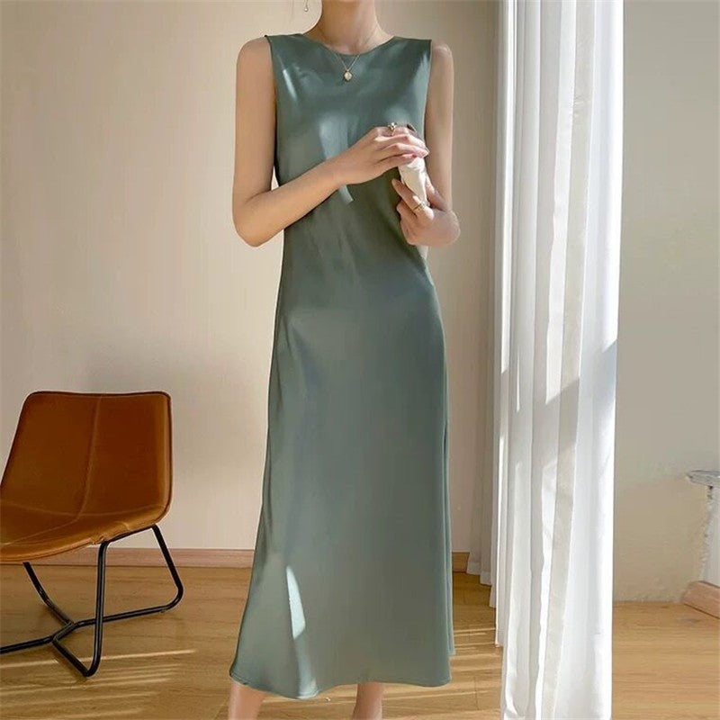 Satin Sleeveless Maxi Dress - Elegant, Party Dress