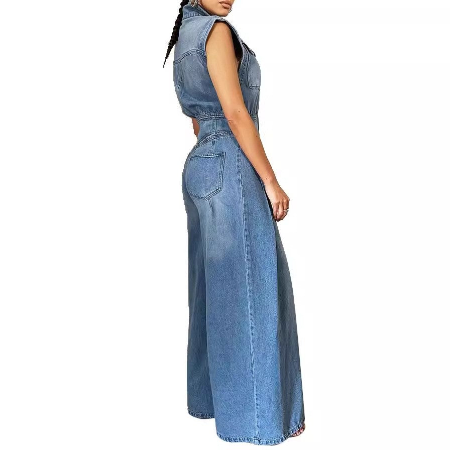 Denim Jumpsuit Overalls - Sleeveless High Waist Wide Leg - Blue