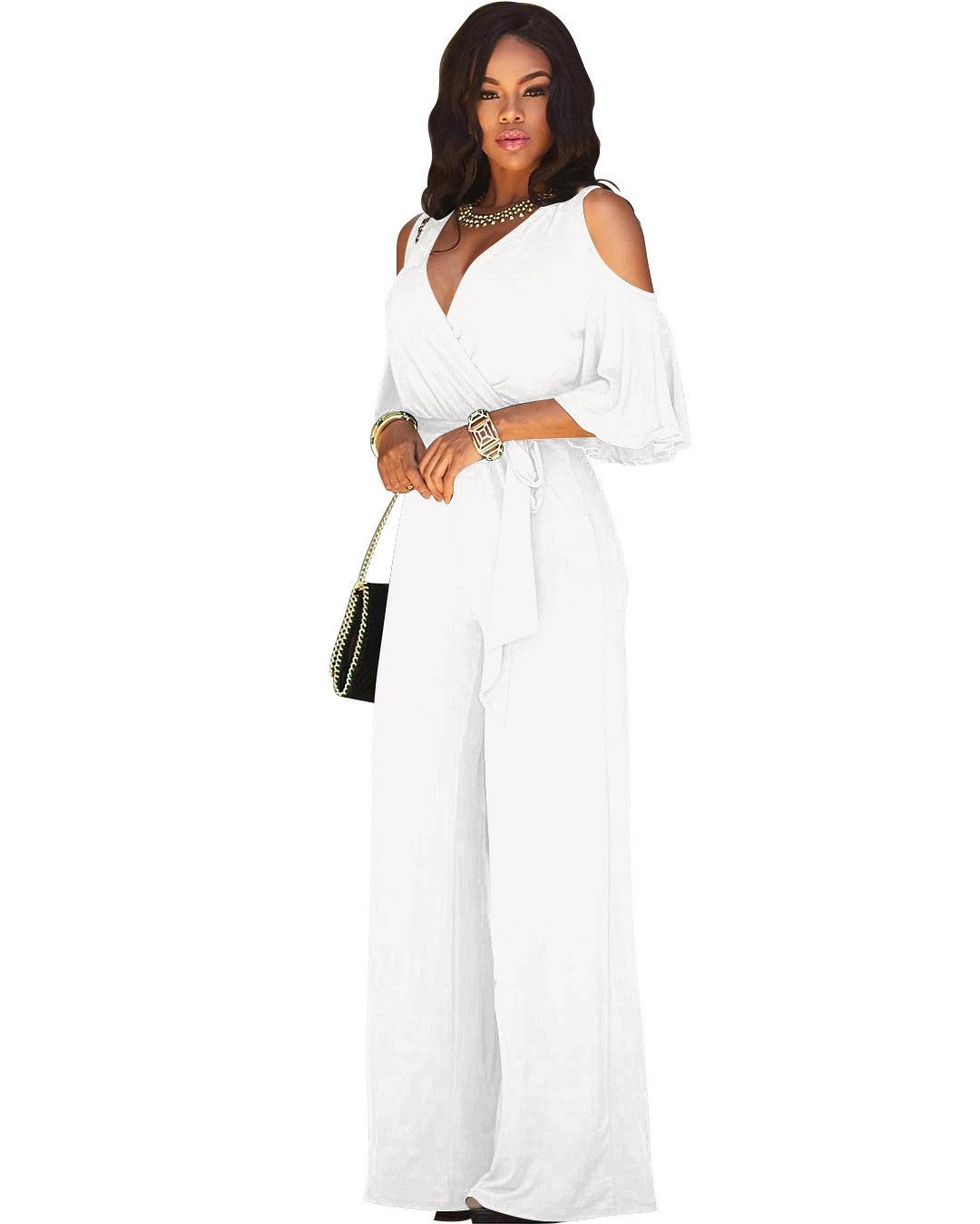 Slim-Fit Off-Shoulder Jumpsuit - V-Neck, Lace-Up, Wide-Leg Pants