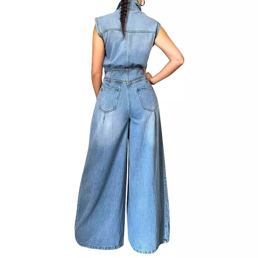 Denim Jumpsuit Overalls - Sleeveless High Waist Wide Leg - Blue