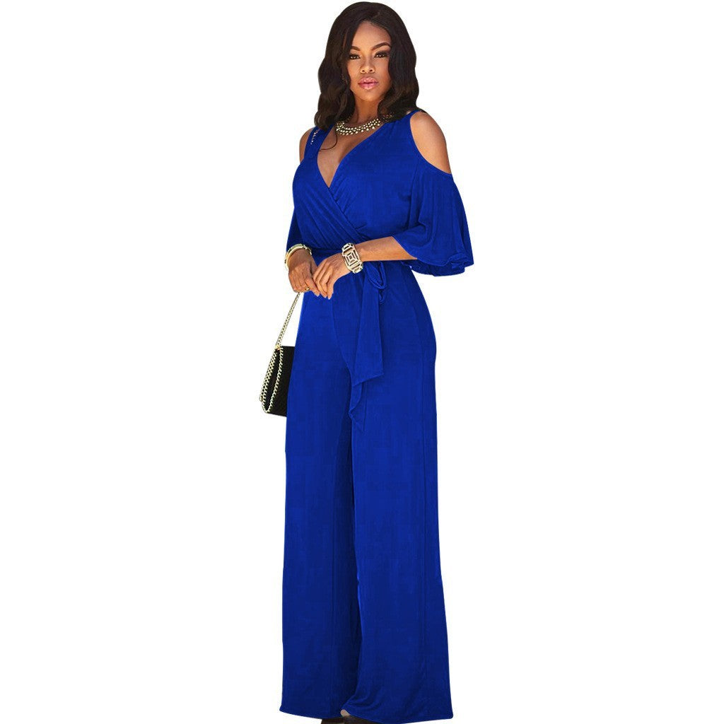 Slim-Fit Off-Shoulder Jumpsuit - V-Neck, Lace-Up, Wide-Leg Pants