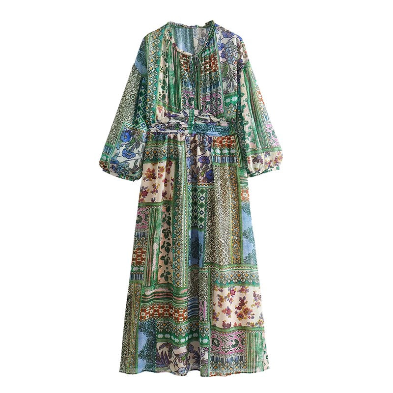 Long-Sleeved Printed Patchwork Dress - Vintage, Loose Fit, Mid-Calf