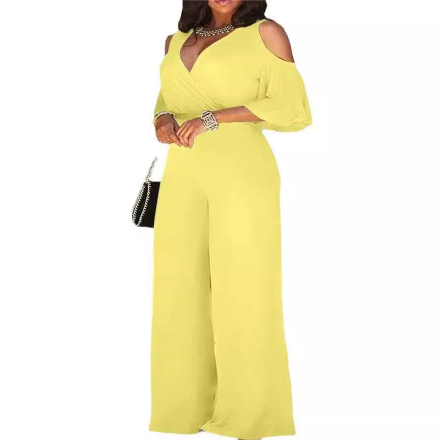 Slim-Fit Off-Shoulder Jumpsuit - V-Neck, Lace-Up, Wide-Leg Pants