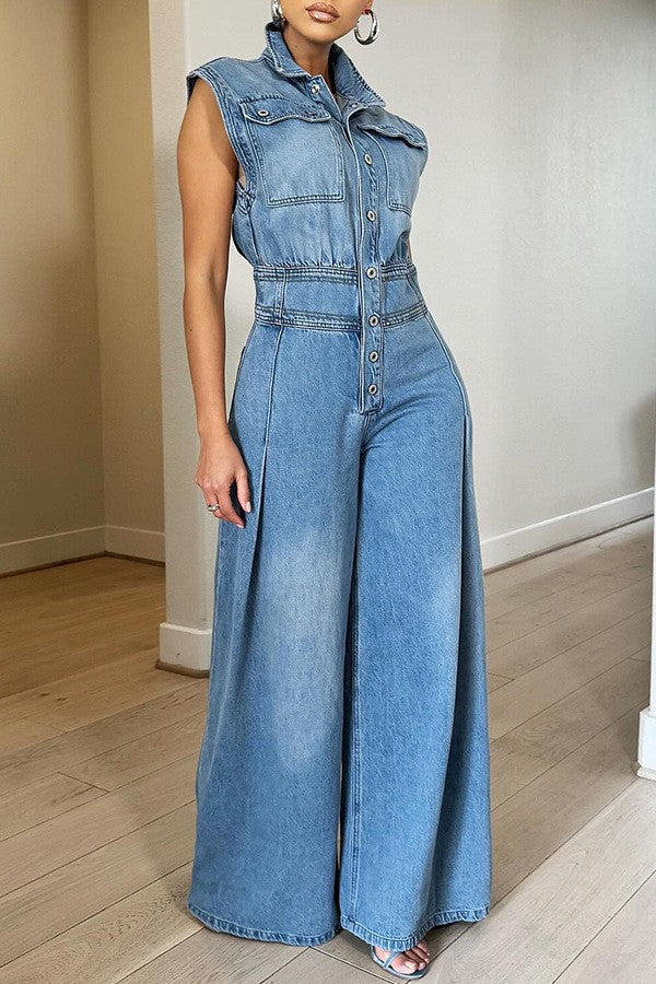 Denim Jumpsuit Overalls - Sleeveless High Waist Wide Leg - Blue