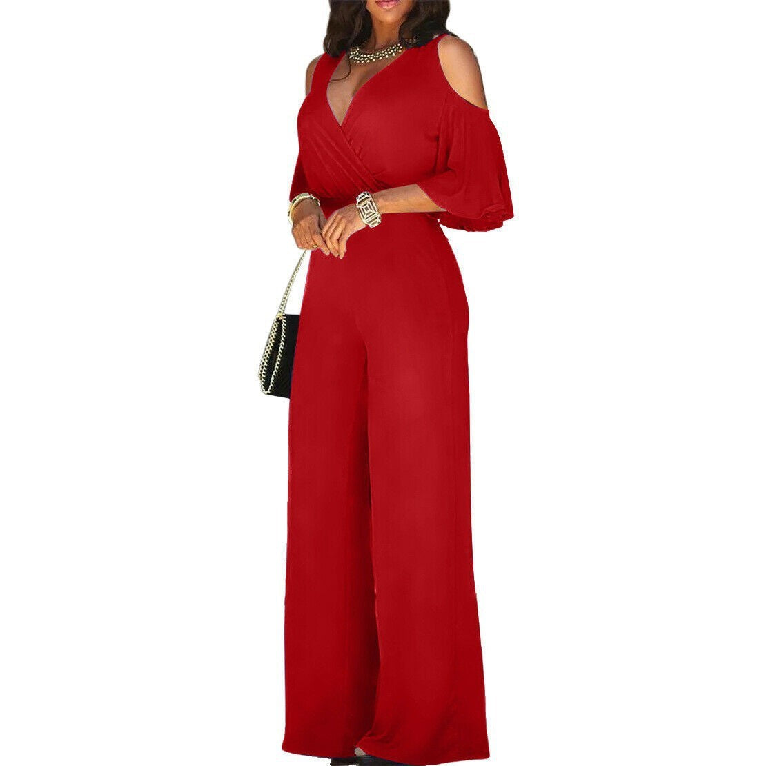 Slim-Fit Off-Shoulder Jumpsuit - V-Neck, Lace-Up, Wide-Leg Pants