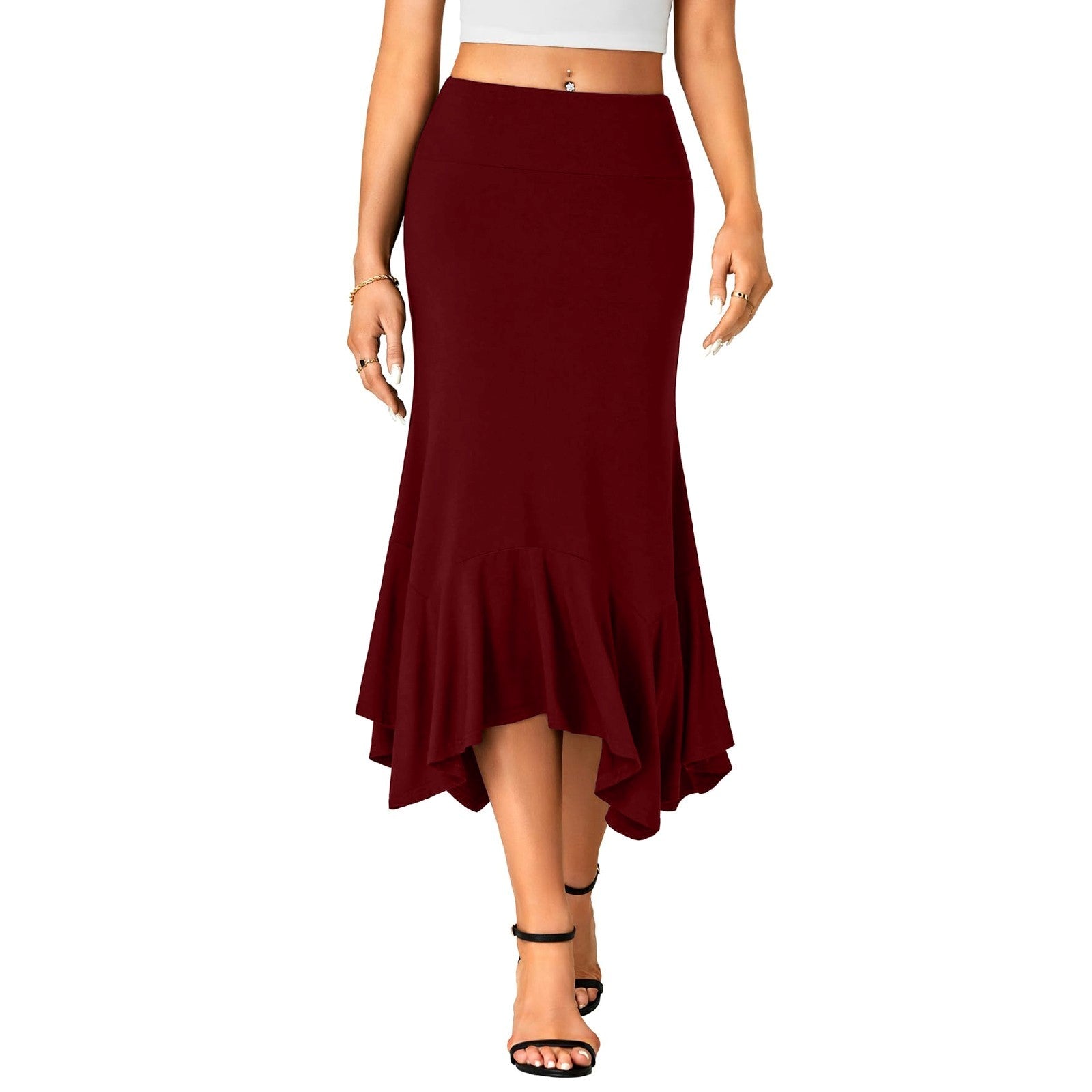 Elegant High-Waist Satin A-Line Midi Skirt for Women