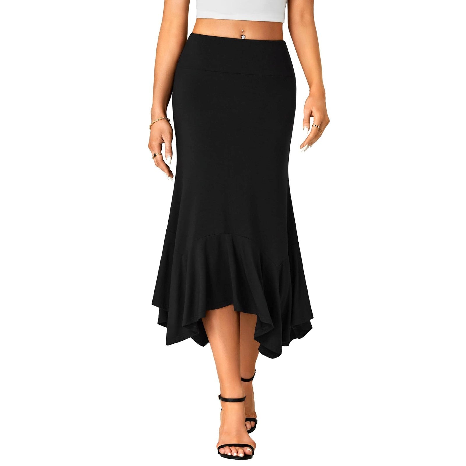 Elegant High-Waist Satin A-Line Midi Skirt for Women