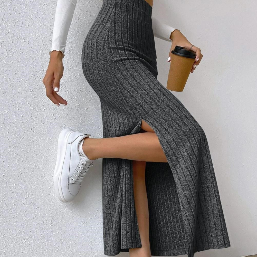 High Waist Knitted Maxi Skirt - Ankle Length, Elastic, Striped Split Hem