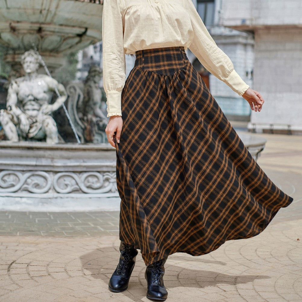 Vintage Plaid A-line Maxi Skirt - Elastic High Waist, Gothic Style