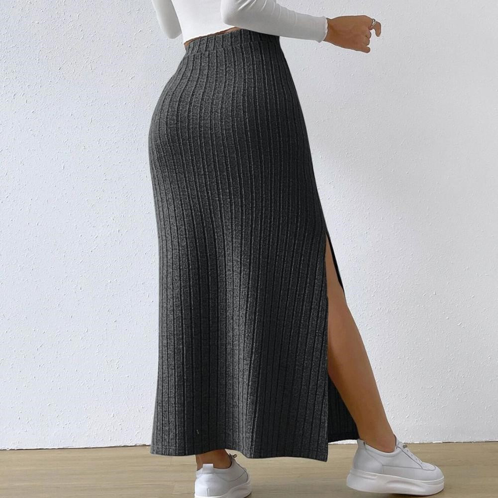 High Waist Knitted Maxi Skirt - Ankle Length, Elastic, Striped Split Hem