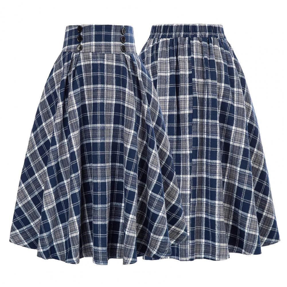 Retro Plaid Maxi Skirt with Ruffles and Elastic High Waist