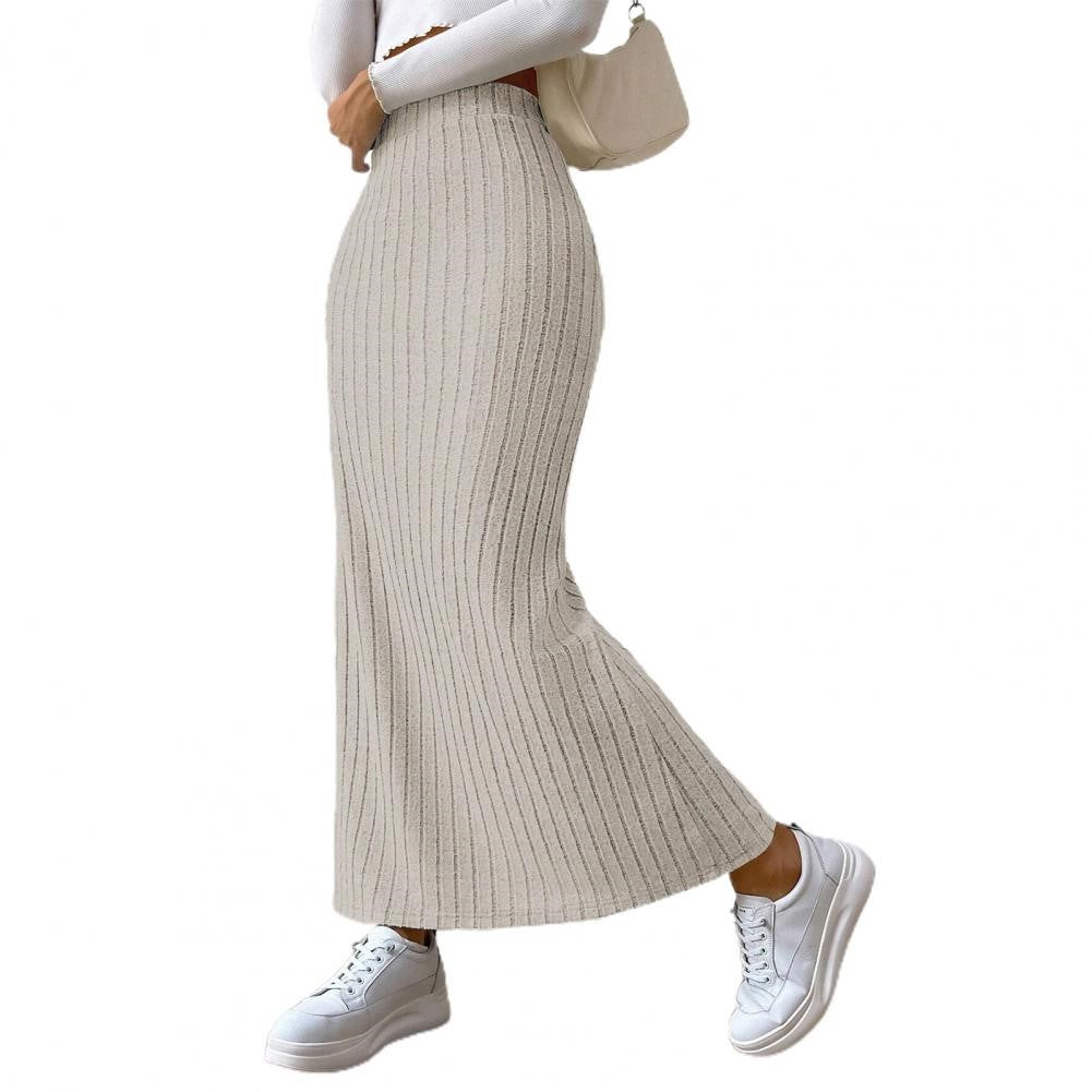 High Waist Knitted Maxi Skirt - Ankle Length, Elastic, Striped Split Hem