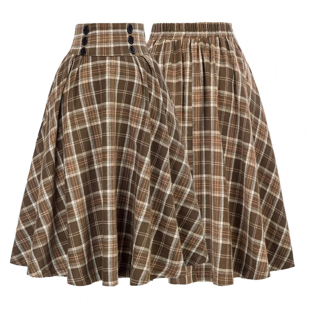 Retro Plaid Maxi Skirt with Ruffles and Elastic High Waist