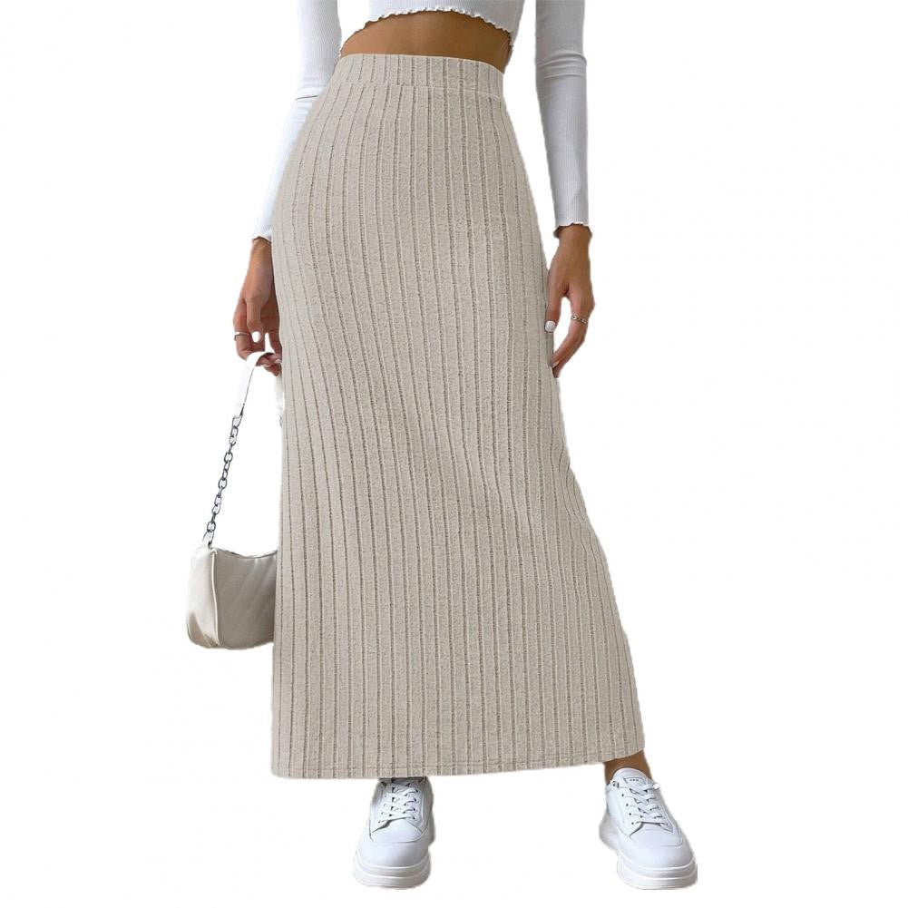 High Waist Knitted Maxi Skirt - Ankle Length, Elastic, Striped Split Hem