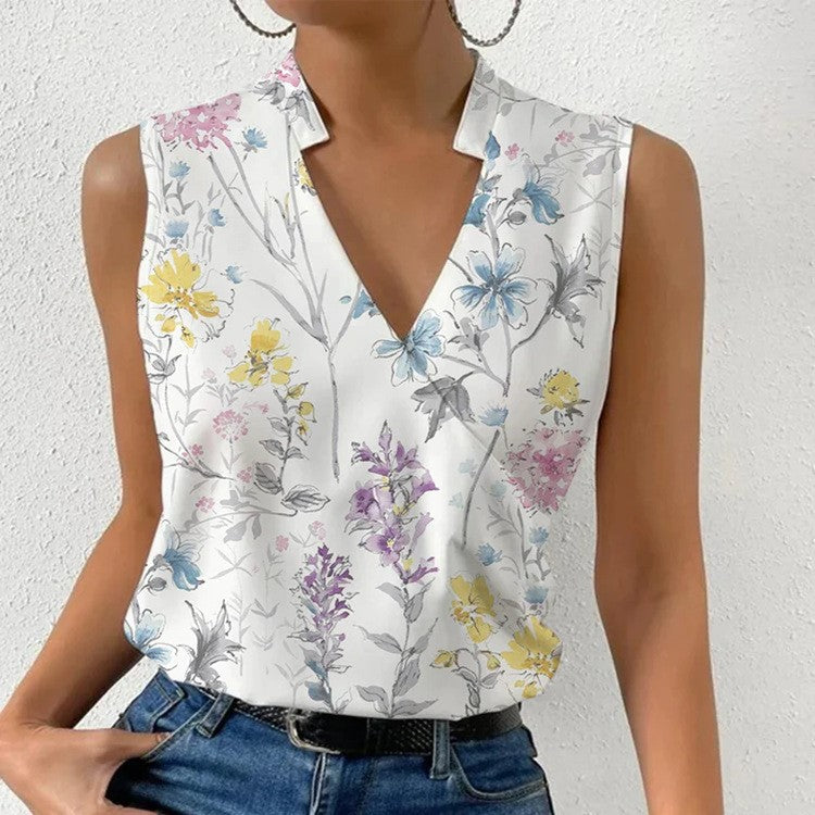 Elegant V-neck Sleeveless Printed Blouse for Women