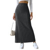 High Waist Knitted Maxi Skirt - Ankle Length, Elastic, Striped Split Hem