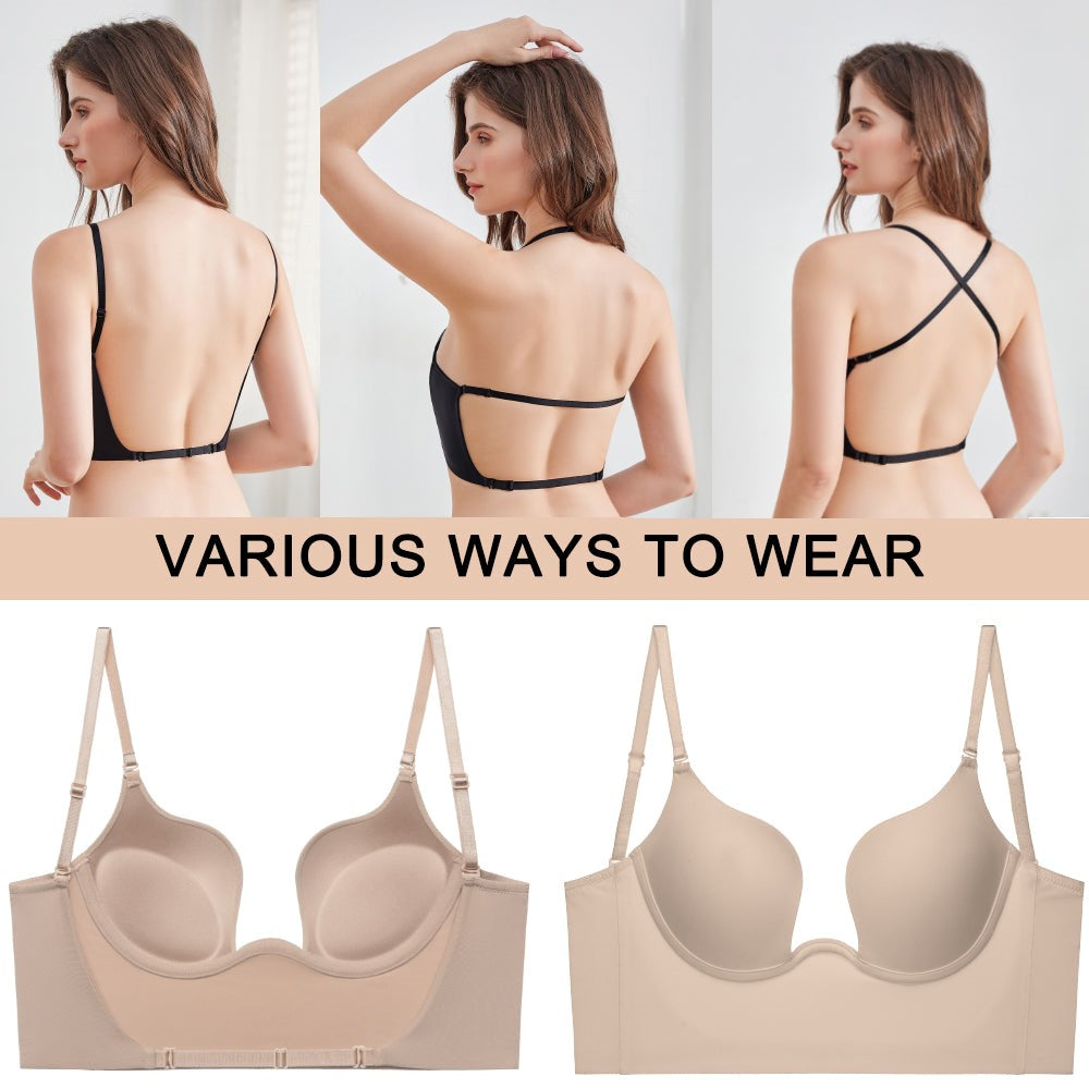 BrizaBay Push-Up Backless Bra – Low-Cut Plunge, Open-Back Design