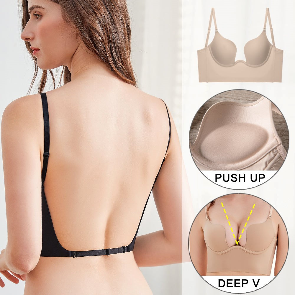 BrizaBay Push-Up Backless Bra – Low-Cut Plunge, Open-Back Design